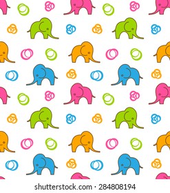 Illustration Seamless Texture with Colorful Cartoon Elephants - Vector