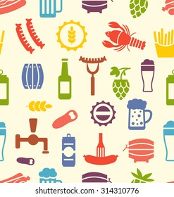 Illustration Seamless Texture with Colorful Icons of Beers and Snacks, Food Wallpaper - Vector