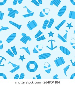 Illustration Seamless Texture of marine item, Summer Flat Icons, Travel on Holiday Journey - Vector