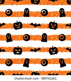 Illustration Seamless Texture with Pumpkin, Bat, Spooky, Eye. Holiday Wallpaper for Halloween with Traditional Icons - Vector