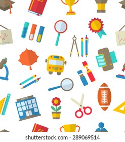 Illustration Seamless Texture with School Colorful Simple Icons - Vector