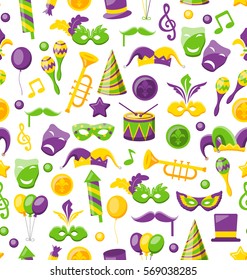 Illustration Seamless Texture with Set Carnival and Mardi Gras Icons and Objects, Fat Tuesday - Vector