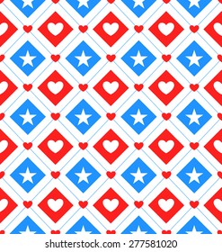 Illustration Seamless Texture Star and Heart in Rhombus for Independence Day of America, US National Colors - Vector