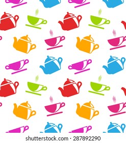 Illustration Seamless Texture with Teapots and Teacups, Colorful Wallpaper  - Vector