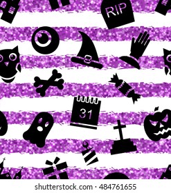 Illustration Seamless Texture with Traditional Icons. Glitter Violet Wallpaper for Halloween Party - Vector