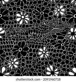 illustration seamless, vector background with black and white crocodile skin, head and flowers