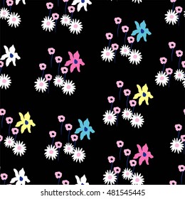 Illustration seamless vector floral pattern wild meadow flowers hand drawn camomile. On a black background