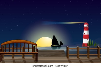 Ilustración de un puerto marítimo con un faro