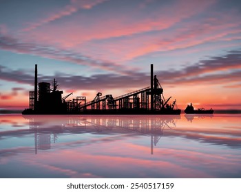 illustration with seaport on sunset background
