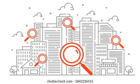 Illustration search city location in line style