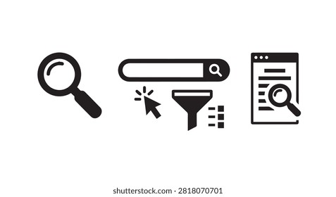 Illustration of search concepts including magnifier funnel and mobile search interface