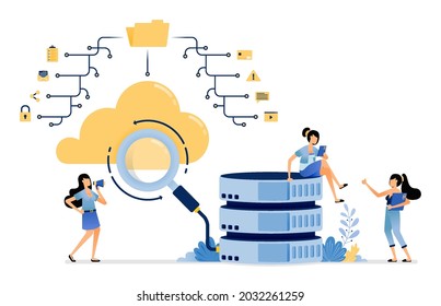 Illustration der Suche und Suche nach Daten über das Netzwerk von Ordnern verbunden mit organisierten Datenbank Cloud-Diensten. Vektordesign kann für Website, Web, Poster, Banner, Flyer, mobile Apps, soziale Medien verwendet werden