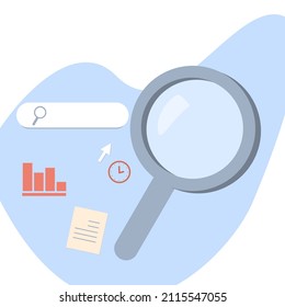 Illustration search for information. Magnifier, search bar, graphs are depicted. The kit is suitable for business and study.