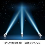 Illustration of searchlights or spotlights pointing into the night sky