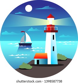 illustration of a seascape in a circle. Lighthouse, ship, sea, moon