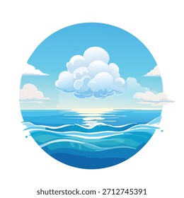 Ilustración de un paisaje marino en un marco circular que presenta el océano azul, las olas, las nubes esponjosas y el cielo brillante. El estilo es caricaturesco, con una paleta de colores vibrantes.