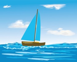 Illustration Of Seascape, Ocean Waves, Sailing Boats And Cloudy Sky. Vector Of The Floating Yacht, Sailboat, Cruise, Or Vessel On The Sea In A Beautiful Landscape Of Cloudy Blue Sky 