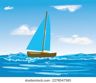 Ilustración del paisaje marino, olas oceánicas, veleros y cielo nublado. Vector del yate flotante, velero, crucero o barco en el mar en un hermoso paisaje de cielo azul turbio 