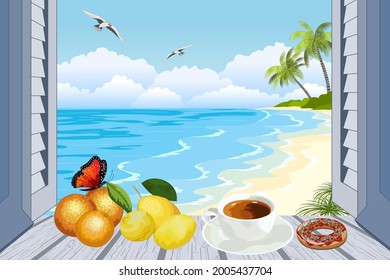 Illustration with a seascape in an open window.Tropical landscape with sea and palm trees in an open window in vector illustration.