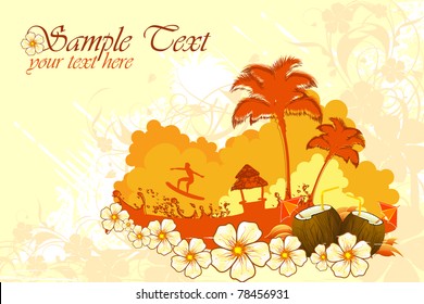 illustration of seascape with palm tree and surfer on grungy floral background