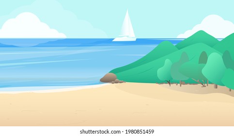 Illustration of a seascape with a sailboat on the background of the sky and mountains. Background with a summer beach. It is suitable for the design of a page, web, banner, or screen saver.