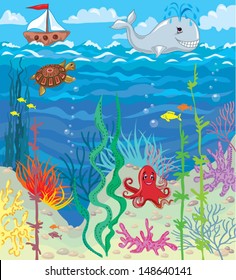 Illustration seascape with Swimming Animal and ship