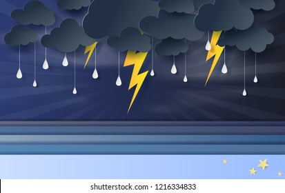 illustration of seascape view with black cloud and yellow lighting on blue sky.Rainy season in sea with storm lightning,Creative paper art and craft style.Minimal beach concept vector poster.EPS10