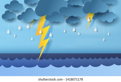 illustration of seascape view with black cloud and yellow lighting on blue sky.Rainy season in sea with storm lightning,3D paper art and craft style. vector pastel color poster,web-site for print.