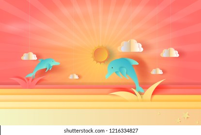 illustration of seascape view with jumping dolphin and clouds at sunset beautiful.Summertime season background with color orange-red pastel tone.3D Paper art and craft style.vector for poster
