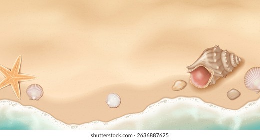 Illustration of seashells and starfish on sandy beach. Soft beige and pink tones create a relaxing atmosphere. Ideal for summer themes or beach designs.