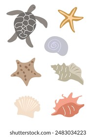 Ilustración de conchas marinas y estrellas de mar sobre fondo blanco.