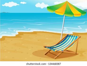 Illustration of a seashore with a bench and an umbrella