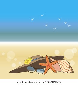 illustration the seashore with seagulls, a hat and a cockleshell