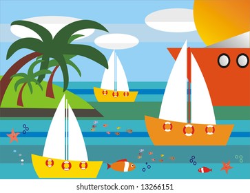 illustration of seaside with sun shining on it, and few boats on water surface