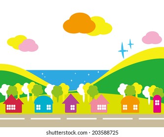 It is an illustration of the seaside town.