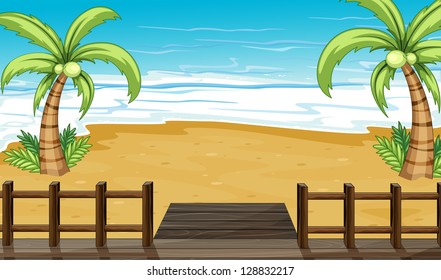 Illustration of the seaside view with coconut trees