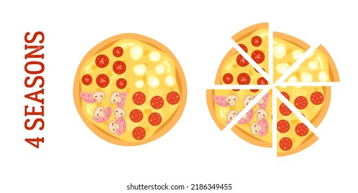 Illustration of a season 4 pizza top view. Capricosa, margherita, pepperoni and cheese pizza