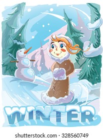 Illustration of seasons. The girl at the forest edge.It can be used as greeting card, poster or advertisement.