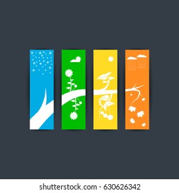 Illustration of the seasons: Winter, Spring, Summer, Autumn. It is executed in the form of four separate signboards with a common form.