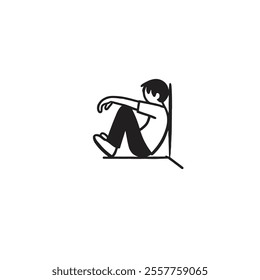 Illustration of Seated Person Depicting Solitude and Reflection in Black and White, Perfect for expressing feelings of introspection, contemplation, or solitude in visual storytelling, presentations

