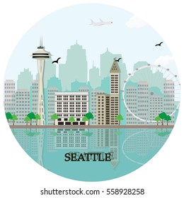 Illustration of Seattle city skyline with famous buildings and landmarks. Flat style.