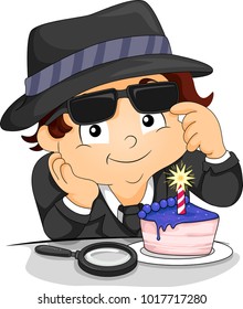 Illustration Of A Secret Agent Kid Boy With A Slice Of Birthday Cake With Candle