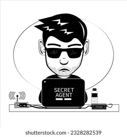 an illustration of a secret agent who is using his laptop