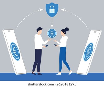 Illustration of a secure cryptocurrency exchange via mobile devices vector art

