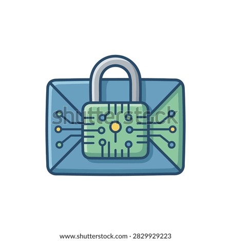 Illustration of a secure digital communication concept featuring an envelope icon protected by a padlock with integrated circuit board design