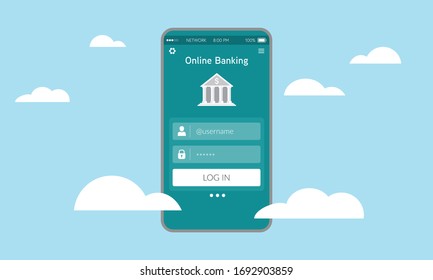 Illustration of secure online banking on smart phone. Ubiquitous banking services on the cloud. Digital transformation on financial industry. svg
