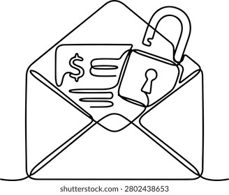 Illustration of secure padlock email envelope, safe digital invoice, hand drawn outline vector illustration.