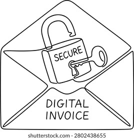 Illustration of secure padlock email envelope, safe digital invoice, hand drawn outline vector illustration.