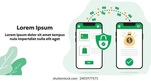 Illustration of secure payment transaction vectors. Suitable for text. Smartphone, credit card, shopping bag, money, coin, shield, padlock and checkmark. 