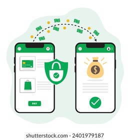 Illustration of secure payment transaction vectors. Smartphone, credit card, shopping bag, money, coin, shield, padlock and checkmark. 